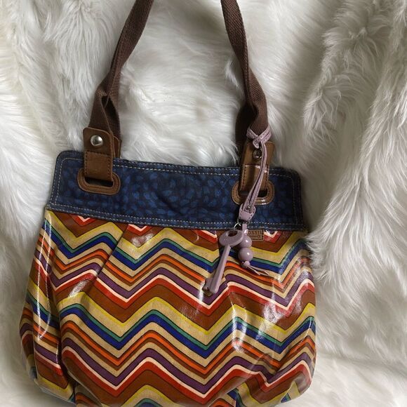 Fossil key Per multi color zigzag coated canvas ltote with blue & brown … - Picture 3 of 14
